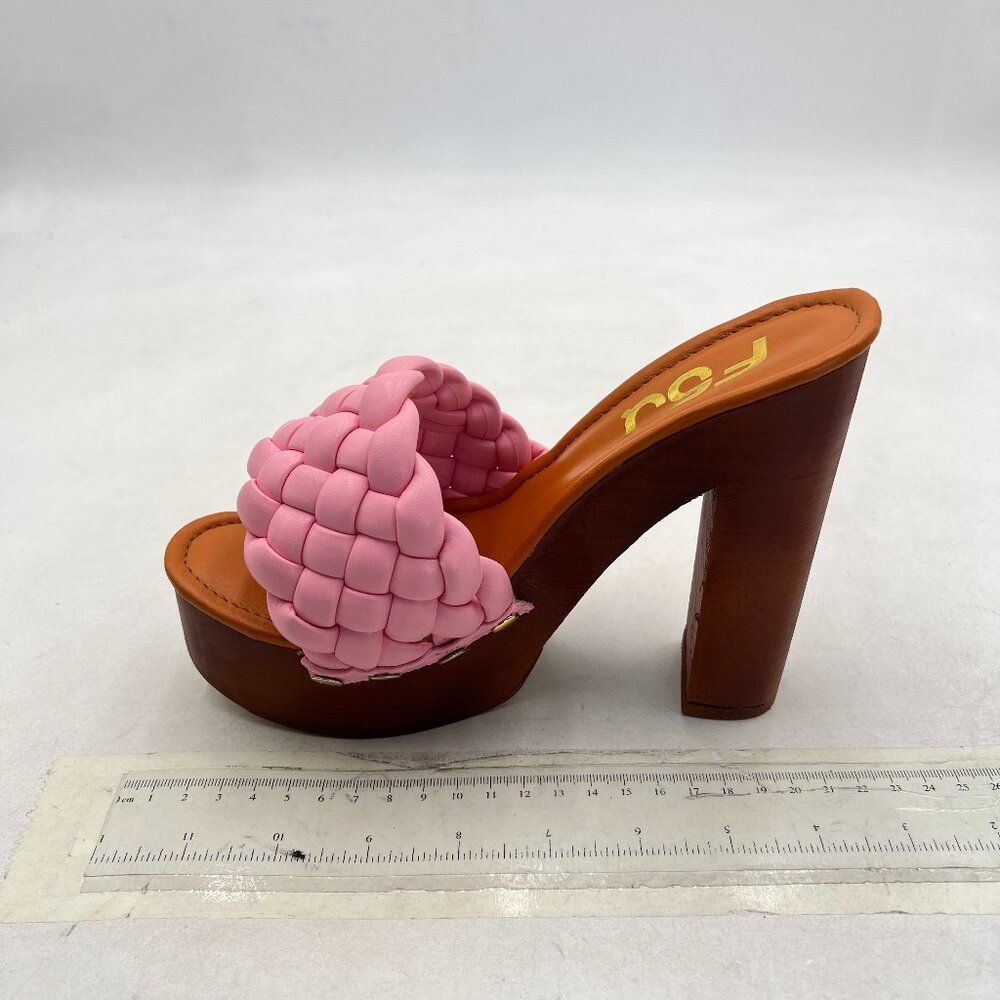 FSJ Pink Women Braided Open Toe Chunky High Heel Sandal Woven Slip On Mule - Picture 2 of 8